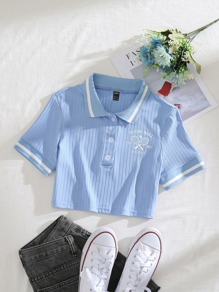 

tennis racket & letter embroidery polo neck tee s3pa#, White