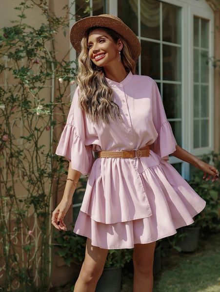 

ruffle hem shirt dress without belt w1zd#, Black;gray