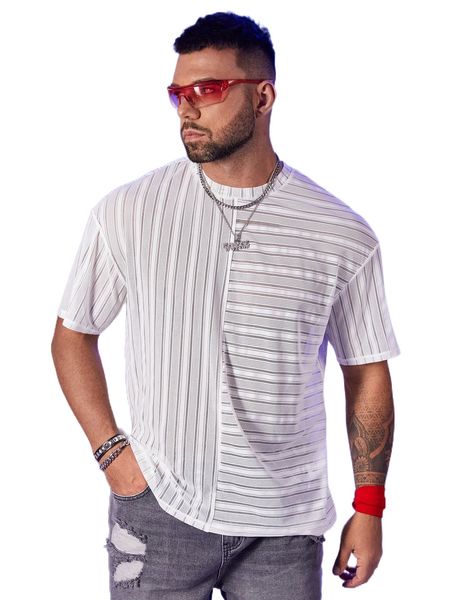 

extended sizes men striped print semi-sheer mesh tee 41lm#, White;black