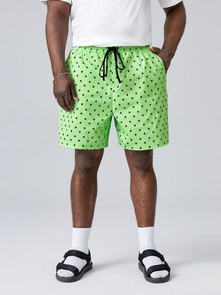 

extended sizes men allover star print drawstring waist shorts t9mq#, White;black