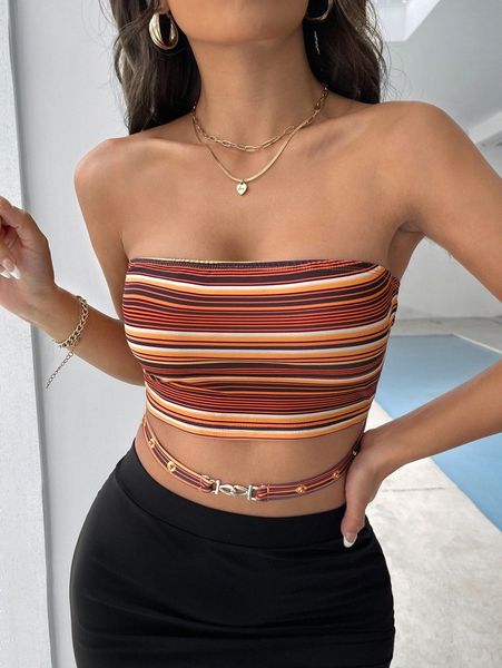 

cutout hem striped tube 67n5#, White