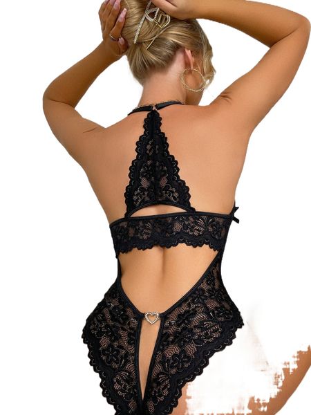 

floral lace scallop trim cut-out teddy bodysuit j3fd#, Black;red