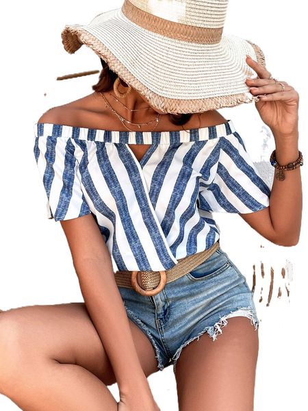 

striped off shoulder cut out blouse 69r8#, White