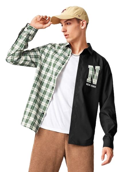 

men plaid print letter embroidery shirt without tee 68ob#, White;black