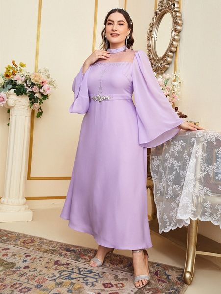 

plus sheer mesh yoke rhinestone detail flounce sleeve dress p6hz#, Black