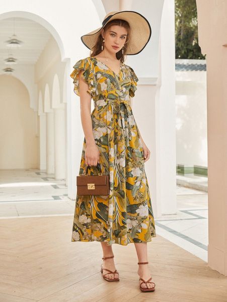 

ruffle cuff allover floral belted dress l7ba#, Black;gray