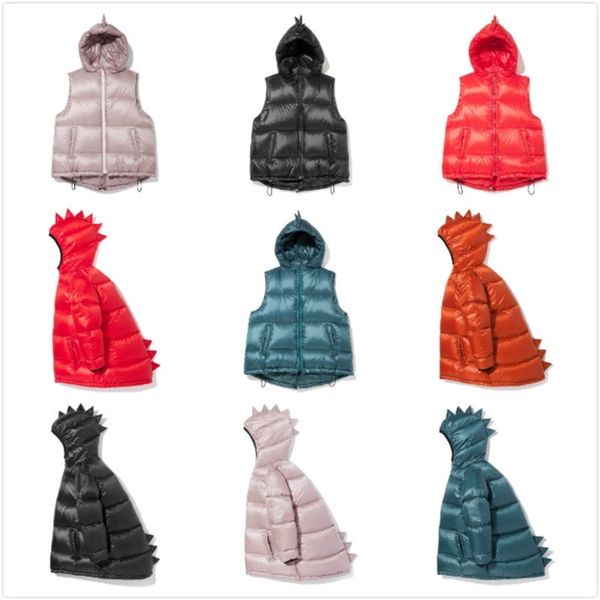 

in stock ku winter children's down vest hooded warm white duck down mid-length dinosaur style down jacket lj201202, Blue;gray