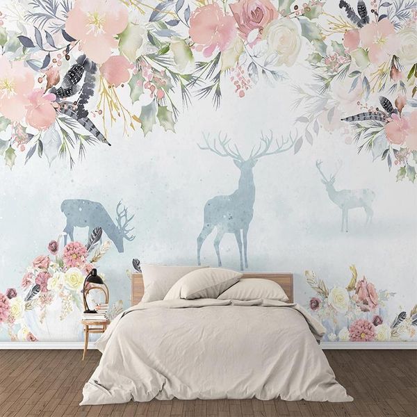 Tapeten Benutzerdefinierte 3D-Wandbild Tapete Nordic Floral Elch Blume Meer Wandmalerei Kinderzimmer Schlafzimmer TV Hintergrund Papel de Parede TapetWal