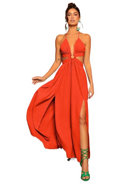 

ring linked criss-cross tie backless -slit hem maxi dress t4df#, Black;gray