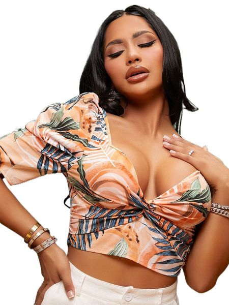 

sxy tropical print twist front asymmetric neck blouse j8bw#, White