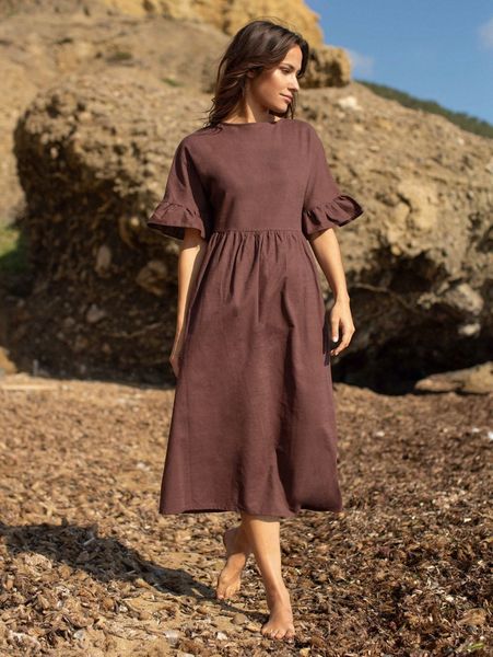 

30% linen ruffle cuff solid dress 80ys#, Black;gray