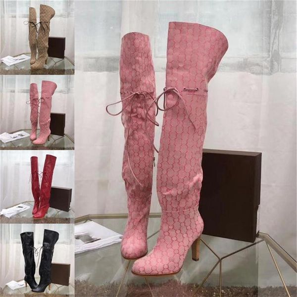 

2020 autumn and winter brand new women's luxury rope drawstring canvas high-heeled shoes knee high boots high boots #1110905206z, Black