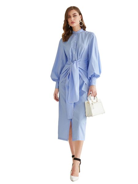 

striped knot front lantern sleeve shirt dress l74x#, Black;gray