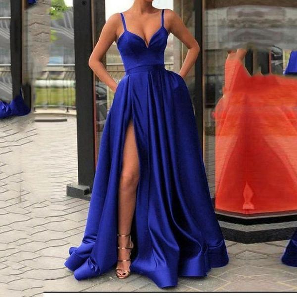 

side slit a-line evening dress with high satin royal blue spaghetti straps sweetheart vestidos dress, Black;red