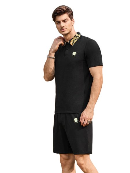 

men graphic print contrast collar polo shirt & shorts q2gj#, Gray