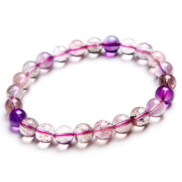 

natural super seven 7 purple rutilated rutilated quartz bracelet clear round beads 7mm 8mm 9mm women men jewelry fashion aaaaa, Silver