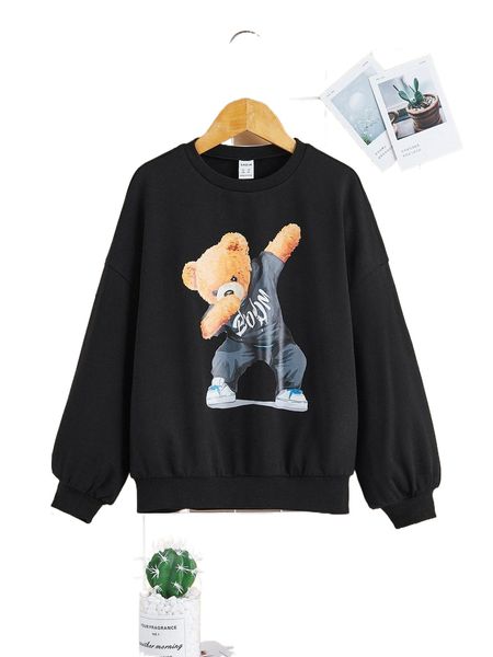 

girls bear print drop shoulder sweatshirt 42oa#, Black;white