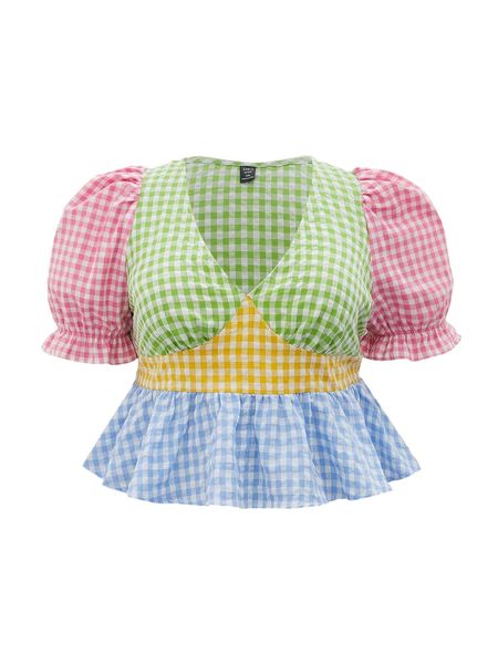 

plus puff sleeve colorblock gingham peplum blouse c5dz#, Black
