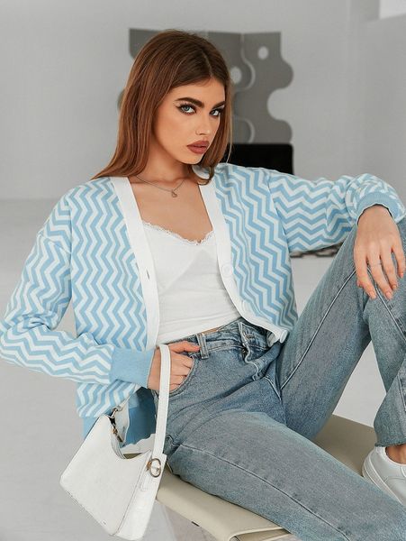 

chevron pattern button front drop shoulder cardigan u5vm#, White;black