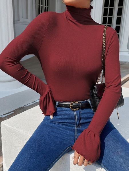 

high neck flounce sleeve rib-knit tee 88yx#, White