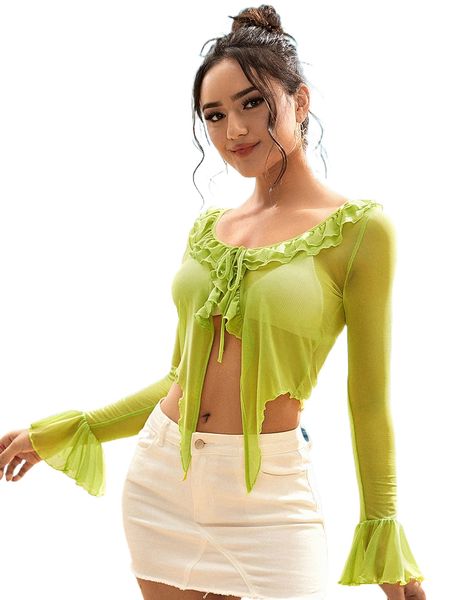 

lettuce trim tie front ruffle sheer mesh without bra b5nx#, White