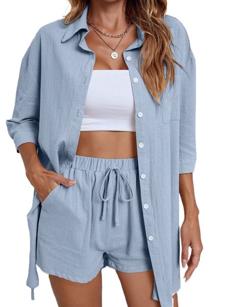 

button up drop shoulder blouse with shorts i2qs#, White