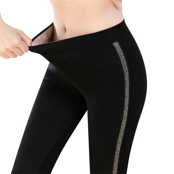 

autumn winter cotton velvet leggings women high waist side stripes sporting fitness leggings pants warm thick leggings 210913, Black