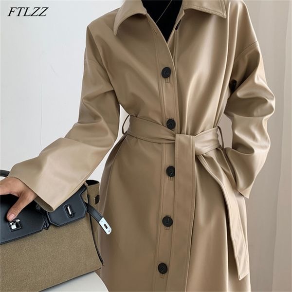 

ftlzz spring women pu leather long jacket single breasted windbreaker trench coat slim split long sleeve solid jacket with belt 220815, Black