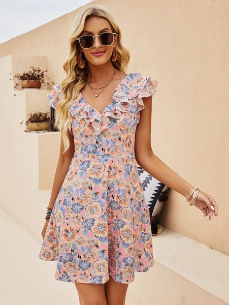 

allover floral print ruffle trim butterfly sleeve dress g3gu#, Black;gray