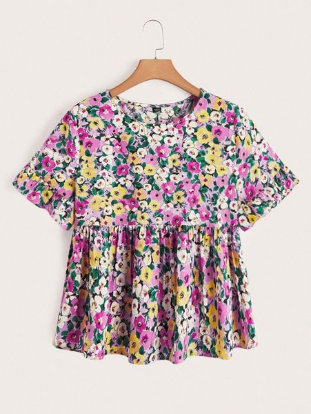 

plus drop shoulder floral allover print peplum y4k7#, Black
