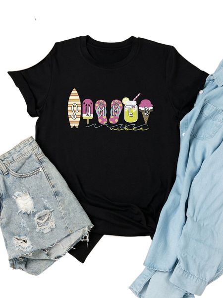 

plus letter & ice cream print tee 77o7#, Black