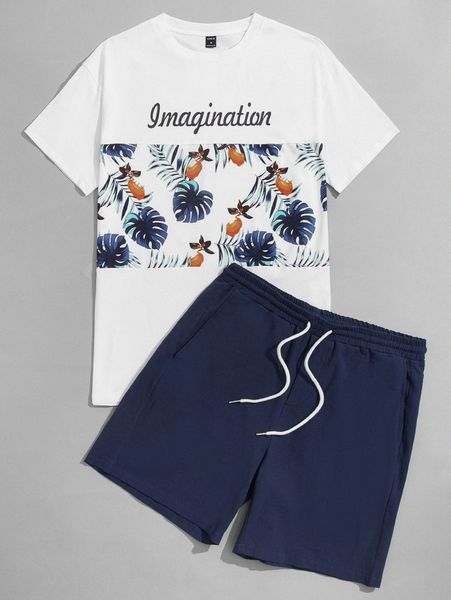 

men letter & tropical print tee and shorts set 89ur#, Gray