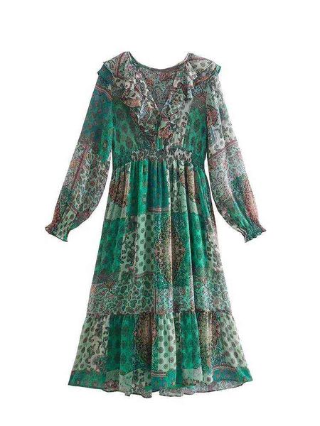 

2022 spring women v-neck print dress high waist long skirt casual long sleeve elegant street wear dresses l220714, Black;gray