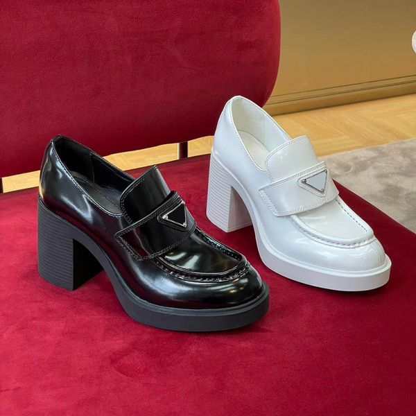 Yeni desen moda elbise ayakkabıları kadın düğün partisi kalitesi deri 80mm yüksek topuklu düz ayakkabı iş resmi loafer sosyal tıknaz ile orijinal kutu