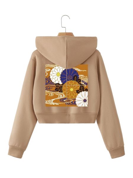 

floral print zip up thermal lined crop drawstring hoodie 25g8#, Black