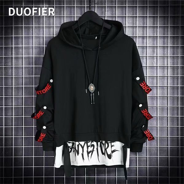

mens hoodies sweatshirt autumn casual black techwear hip hop harajuku hoodie men ribbons patchwork japanese streetwear darkwear 220721