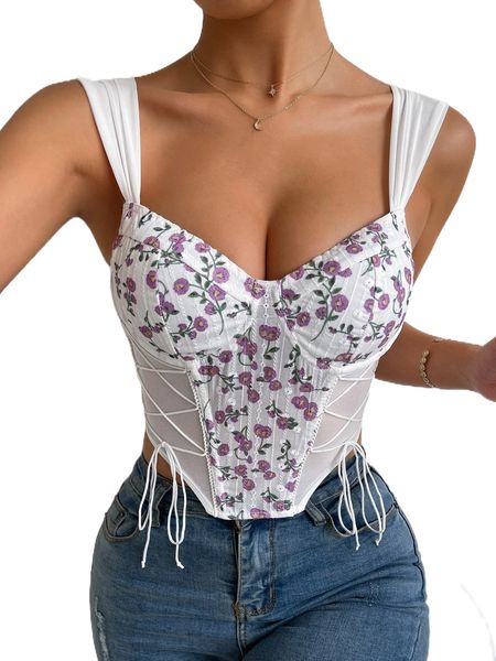 

floral embroidery lace up semi-sheer wide straps p2ai#, White