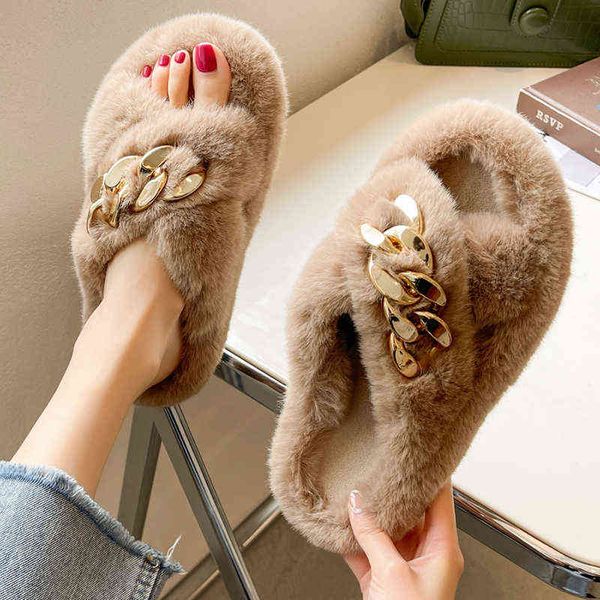 

women fur slippers home trend chain design cross upper 2021 winter solid color bedroom living room faux fur warm flat slippers y220525, Black