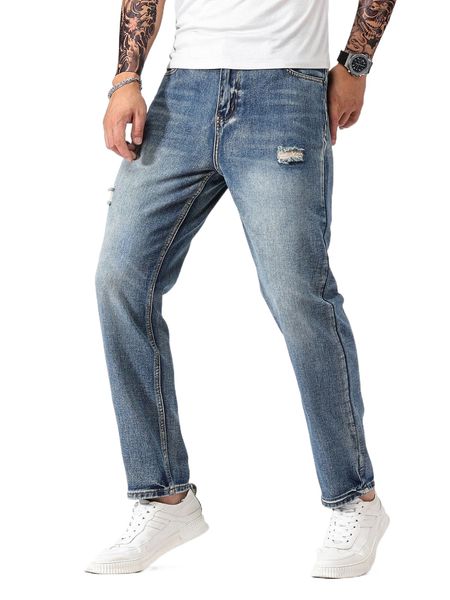 

men ripped washed jeans l3ti#, Blue