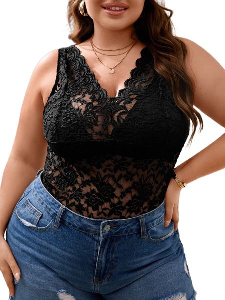 

plus scallop trim lace tank without bra 05rx#, Black