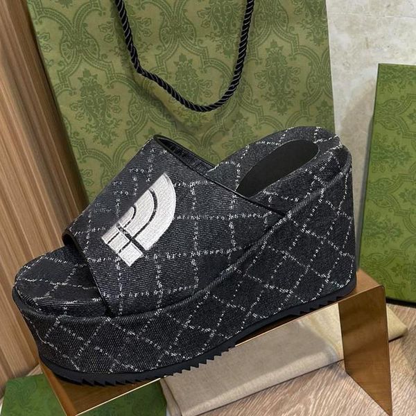 

beach slippers fashion thick bottom designer women shoes cartoon alphabet lady platform wedges sandals leather heels letter high heel slides, Black