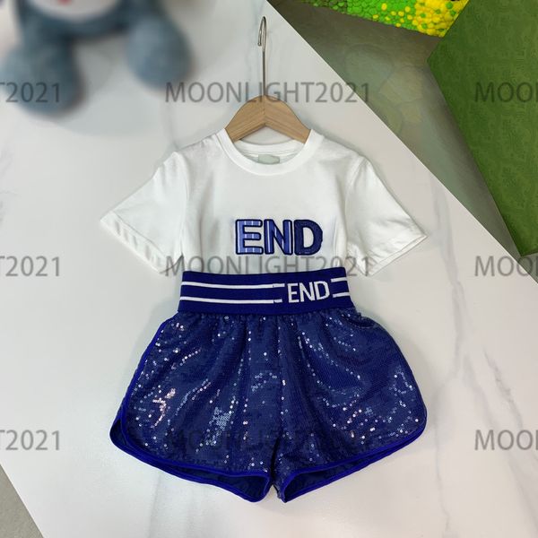 

girls pure cotton t-shirt + sequin culottes shorts sets cd shorts 2022ss newly round neck embroidery designer fashion summer t-shirts, White