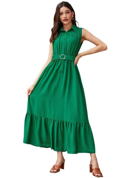 

ruffle hem sleeveless belted shirt dress z3zu#, Black;gray