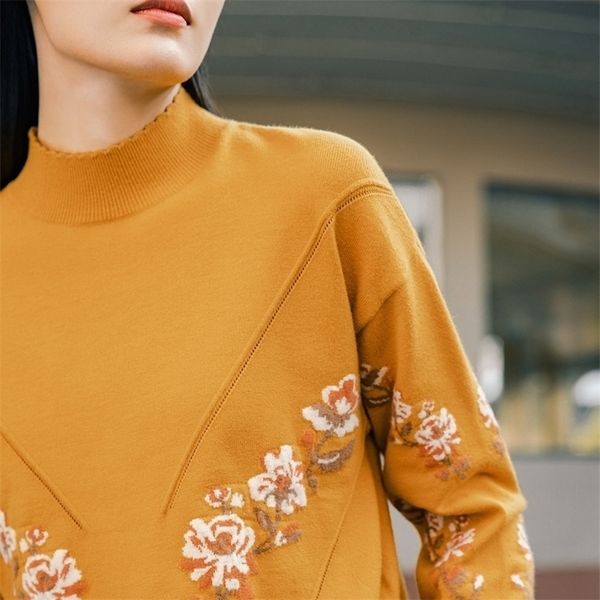 

inman autumn arrival literary retro wavy edge half-high collar flower knitted pullover warm sweater 201203, White;black