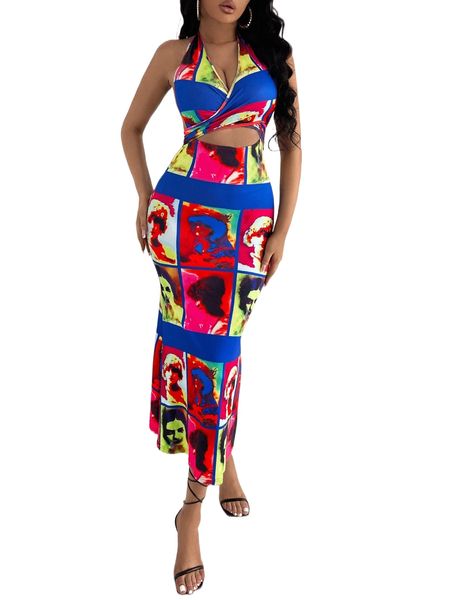 

sxy figure print cut out tie backless halter dress j77x#, Black;gray