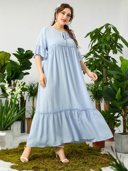 

plus flounce sleeve tie neck ruffle hem smock dress 948b#, Black