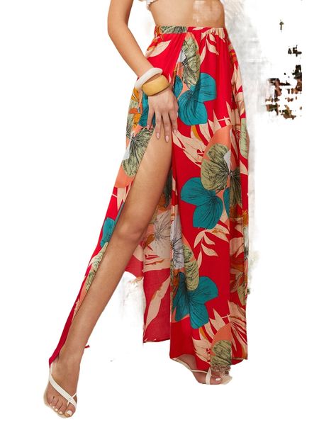 

high waist tropical print split thigh skirt x1af#, Black