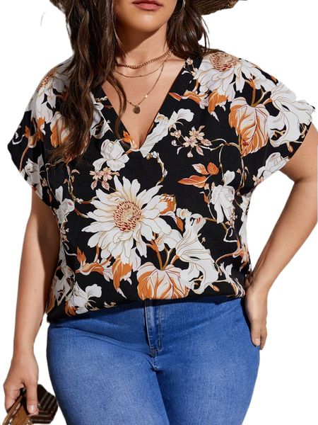 

plus floral print batwing sleeve blouse 08yp#, Black