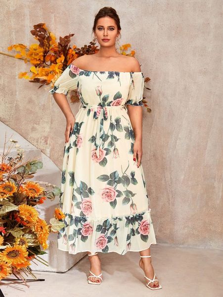 

plus floral bardot flounce sleeve belted ruffle hem dress y78x#, Black