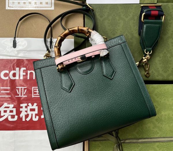 Realfine Bags 5A 702721 27 cm Diana Kleine Tragetasche aus grünem Leder Handtasche Schultertaschen für Damen mit Staubbeutel + Box